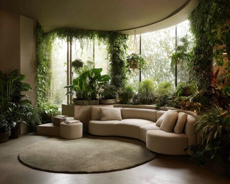Curved sectional sofa in a room filled with greenery.