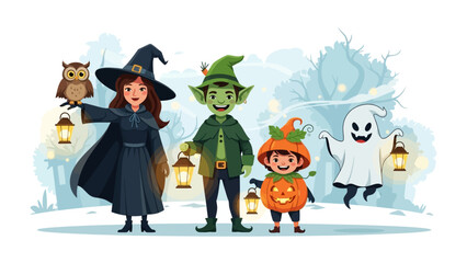 Whimsical Halloween Characters Gathering: A delightful illustration featuring a witch, an elf, a jack-o'-lantern-clad child, a spectral ghost, and an owl. Each character is holding a lantern.