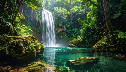 Fototapeta premium Secluded Waterfall in Rainforest Valley with Lush Greenery and Rocks in Tropical Jungle Landscape with Natural Lighting