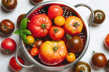 A colander filled with assorted fresh ripe tomatoes, red, heirloom, beef heart, pear shaped and cherry varieties with fresh basil. Rustic, farm to table aesthetic, harvest and cooking concept.