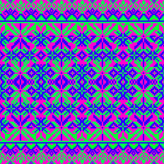 seamless geometric pattern
A seamless pixel-art pattern inspired by traditional folk embroidery, featuring eight-pointed star motifs, nested diamonds, and ornamental lattice structures in neon magenta