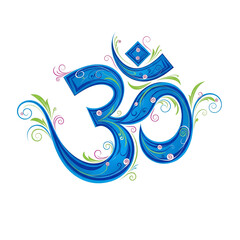 Ornate Blue Om Symbol With Swirling Green And Pink Accents hindu spiritual isolated on a white transparent background png file download.
