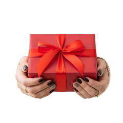 Woman holding a red gift box with a red ribbon tied in a bow hands isolated on a white transparent background png file download.
