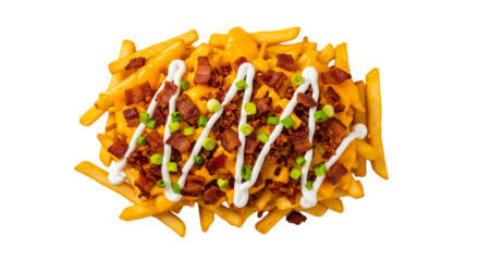 Delicious golden crispy french fries generously loaded with warm melted cheddar cheese, savory bacon pieces, and fresh green onions, perfect for a hearty snack