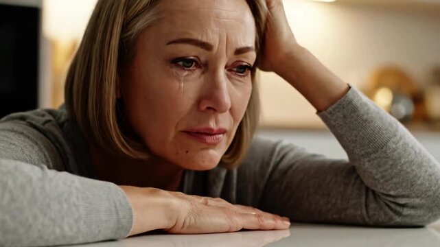 Close-up of a distraught mature woman crying with tears streaming down her face expressing deep sorrow and emotional pain Heartbreaking scene of despair and lon