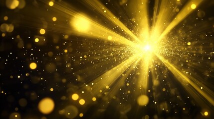 form. Dramatic golden light beams shining through darkness, creating an abstract bokeh effect. event key visuals, club posters, designed for sports event promotions and stadium branding.
