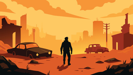 Post apocalyptic cityscape with abandoned cars and lone figure vector illustration