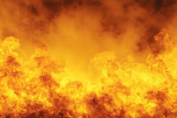 Obraz premium Hot blazing fire flames background wallpaper with copy space. Fiery inferno backdrop, bright yellow orange colors