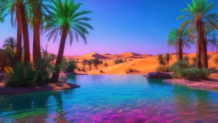 Vibrant oasis pool, palm trees, desert dunes
