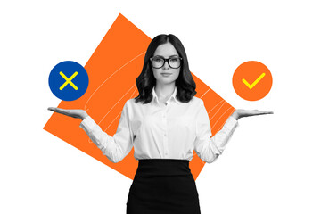 Composite photo collage of happy businesswoman choose option cross checkmark decision select...