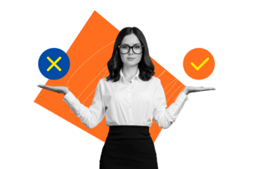 Composite photo collage of happy businesswoman choose option cross checkmark decision select solution isolated on painted background