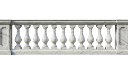 A classic white marble balustrade with ornate balusters, creating an elegant architectural detail for balconies, terraces, and staircases