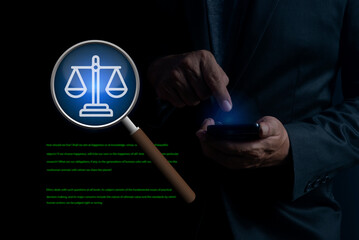 Businessman uses smartphone for consulting with attorney. Online lawyer advice business. Attorney, business, finance, intellectual property. Laws, justice, protection and regulations.