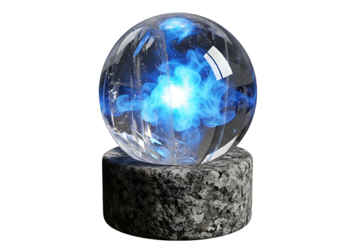 A luminous, crystalline sphere, encircled by swirling azure energy, rests atop a granite pedestal against a stark black background.