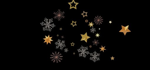 Beautiful winter holiday background with gold stars and snowflakes on black. Perfect for cards, banners, and more!