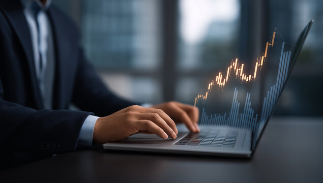 Businessman analyzing financial technology data for investment integration using laptop in modern office, visualizing digital charts, market trends, and fintech insights for economic strategy.