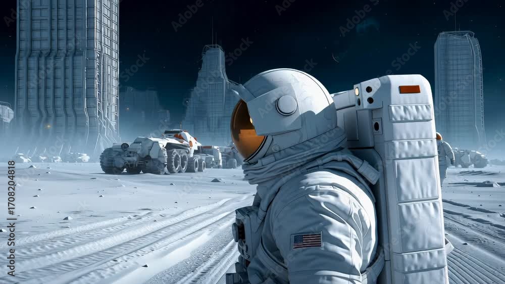 Poster advanced scientific team exploring lunar terrain with high-tech transport vehicles and modular base 