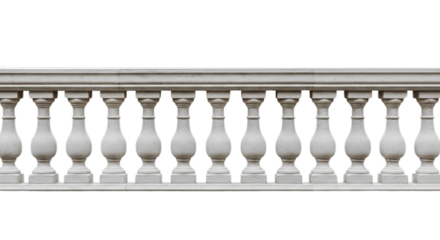 A detailed, close-up, isolated view of a classical, stone balustrade, showcasing intricate carvings and decorative pillars, representing timeless architectural elegance and structure