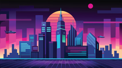 Retro futuristic city skyline with flying cars and neon lights vector illustration
