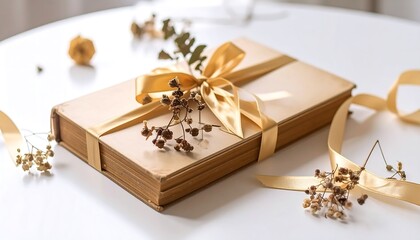 Antique Book Gift, Gold Ribbon, Dried Flowers