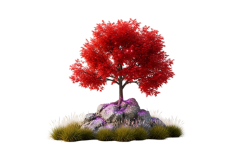 A vibrant, red tree stands majestically atop a cluster of rocks, surrounded by soft, light green grass.