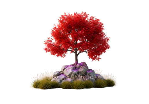 A vibrant, red tree stands majestically atop a cluster of rocks, surrounded by soft, light green grass.