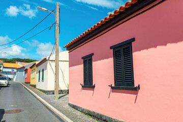 Colorful coastal houses at San Miguel island Azores Portugal