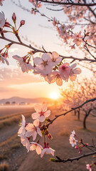 Sunlight filtering through delicate cherry blossoms at dawn.