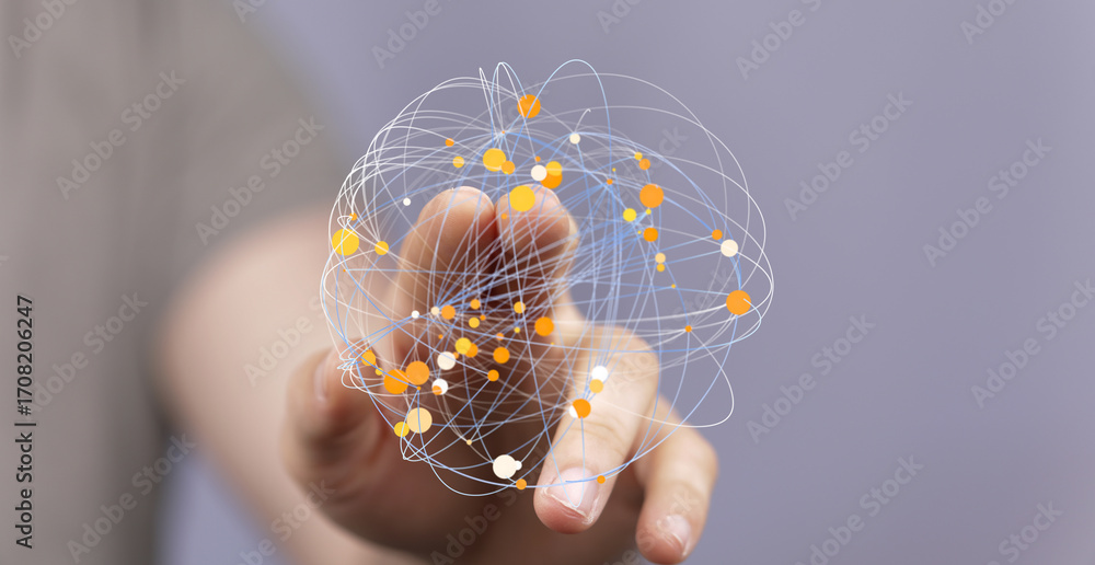 Poster Abstract image of a hand interacting with a digital network. Ideal for technology, connectivity, and global concepts.