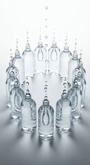 Glass bottles in a ring with water droplets, perfect for ecofriendly concepts, recycling, or sustainability designs. Ideal for advertisements, websites, and social media graphics.