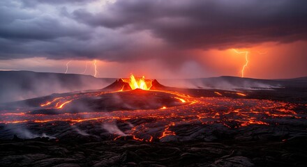 A powerful volcanic eruption illuminates a dark landscape as lightning flashes through stormy clouds over a field of molten lava