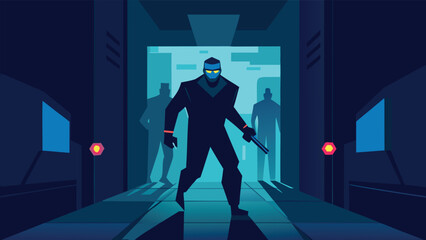 Stealthy secret agent infiltrating futuristic enemy base with glowing blue interior