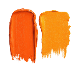 Two vibrant, textured swatches of orange and amber makeup