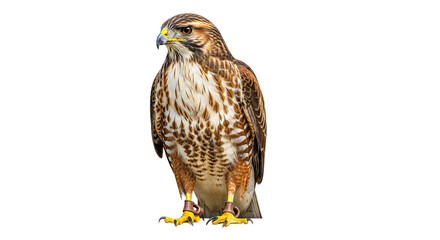 Fototapeta premium A majestic hawk with striking plumage stands alert against a clean white backdrop, showcasing its sharp gaze and powerful talons