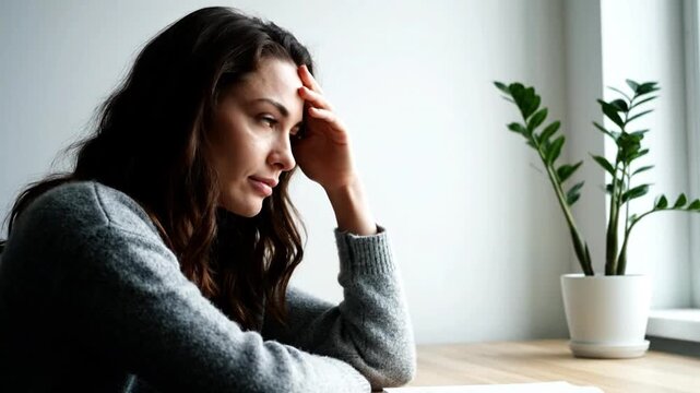 Pensive young woman with hand on forehead expressing stress sadness and emotional distress indoors portraying mental health anxiety and deep thought