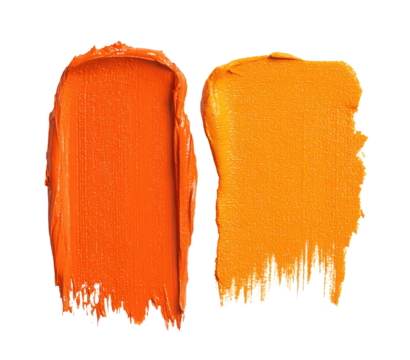 Two vibrant, textured swatches of orange and amber makeup