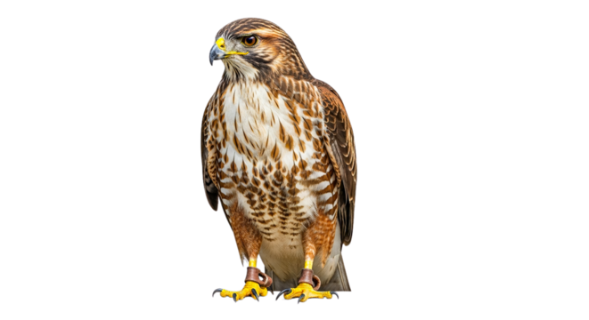 A majestic hawk with striking plumage stands alert against a clean white backdrop, showcasing its sharp gaze and powerful talons