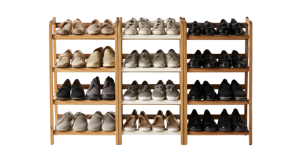 Wooden shoe rack with multiple tiers, various shoes