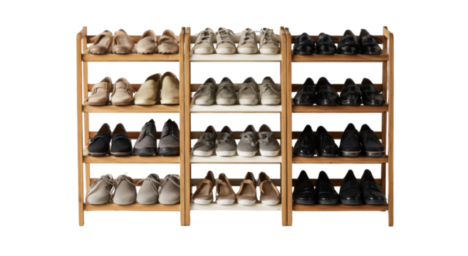 Wooden shoe rack with multiple tiers, various shoes