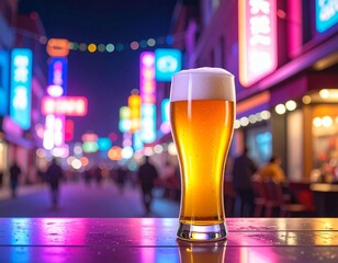 a glass of beer with colorful, set on a neon-lit counter with glowing signage in the background,