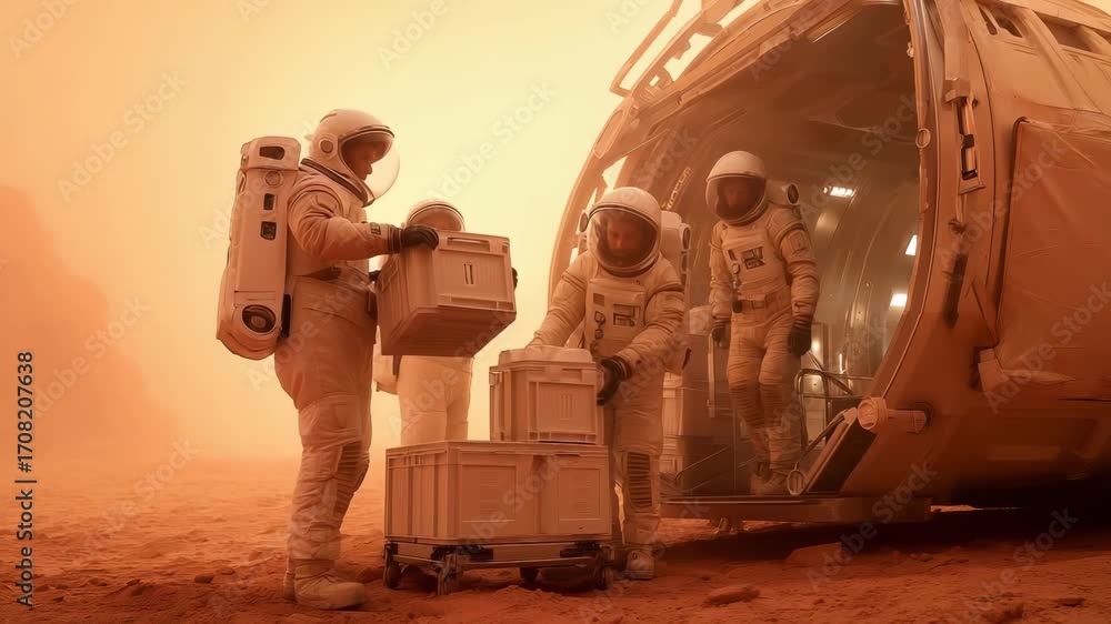 Poster specialized team in protective spacesuits carefully unloading critical equipment from landing module