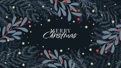 Christmas Banner On A Dark Background With Winter Thuja Branches and glowing lights. Vector template for greetings, postcards, web banners