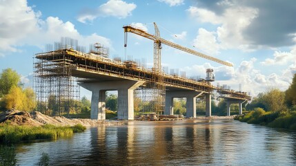 A photo-realistic wide shot of bridge construction over a river, showcasing cranes, scaffolding, and support cables in action.