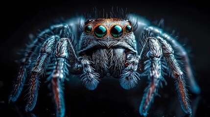 Stunning Close-up of a Spider Highlighting Its Intricate Hairs, Eyes, and Legs on Dark Background
