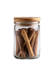 Clear glass jar filled with cinnamon sticks, topped with a light brown wooden lid