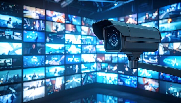 A security camera in focus against a backdrop of numerous screens displaying live video feeds. The scene suggests surveillance