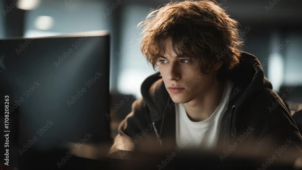 Poster focused young man working intently on a computer in a dimly lit modern workspace at evening hours