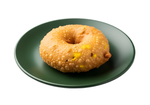 A golden-brown, ring-shaped pastry sits attractively on a muted green plate against a black backdrop.  Small, scattered specks of yellow accentuate the textured surface of the food.