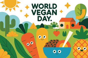 Joyful cartoon vegetables and fruits celebrate World Vegan Day with a healthy meal.