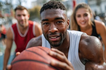 a group of friends playing basketball on an outdoor court, with one player in the foreground holding out his hand for ball control